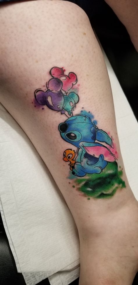 My Dog Tattoo, Disney Watercolor Tattoo, Muse Tattoo, Tattoos To Honor Mom, Stitch Watercolor, Disney Stitch Tattoo, Lilo And Stitch Tattoo, Disney Inspired Tattoos, Mickey Tattoo