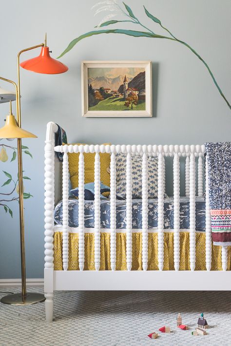 DIY Crib Skirt, Spindle Crib, Gender Neutral Nursery, Blue and Yellow Nursery Design Eclectic Nursery Boy, Color Schemes Bedroom, Storage Bedroom Furniture, Home Decorating Styles, Eclectic Nursery, Bright Nursery, Bedroom Furniture Ideas, Diy Crib, White Crib