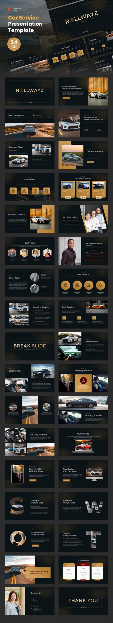 Introducing Rollwayz – Car Service PowerPoint Template This Presentation Template can be used for any variety of purposes, such as: Multipurpose Car Service Powerpoint template, Multipurpose Automotive, Company Profile, Business, Custom Production, Project, Proposal, Pitch Deck, Startup, Advertising, Agency, and also can be used for Personal Portfolio. Automotive Presentation Design, Limo Luxury, Car Presentation, Company Profile Design Templates, Marketing Proposal, Car App, Sales Presentation, Presentation Deck, Company Presentation