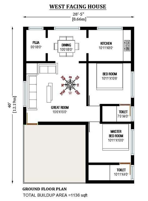 2bhk West Facing House Plan, 28 By 40 House Plans, West Facing Floor Plan, 40 By 40 House Plans Design, 28×40 House Plan, West Face House Plan, 2bhk Plan, 2 Bhk House Plan, West Facing House Plan