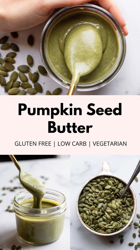 This homemade Pumpkin Seed Butter will be your new go-to spread this Autumn! With only 4 ingredients, you can make this easy recipe in 20 minutes. Tasty, gluten free and healthy! Use this pumpkin seed butter recipe on your applesauce muffins or smoothies. Recipes Using Pumpkin Seeds, Pumpkin Seed Flour Recipes, Pumpkin Seed Powder Recipes, Seed Recipes, Pumpkin Seed Seasoning Recipes, Healthy Pumpkin Butter, Pumpkin Seed Recipe, Healthy Pumpkin Butter Recipe, How To Use Pumpkin Butter