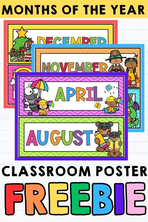 Preschool Months Of The Year Printables, Free Months Of The Year Printables, Kindergarten Classroom Decor Free Printable, Free Printable Classroom Posters, Preschool Posters Free Printable, Months Of The Year Printables Free Preschool, Month Of The Year Chart For Preschool, Months Of The Year Printables Free, Classroom Bulletin Boards Preschool