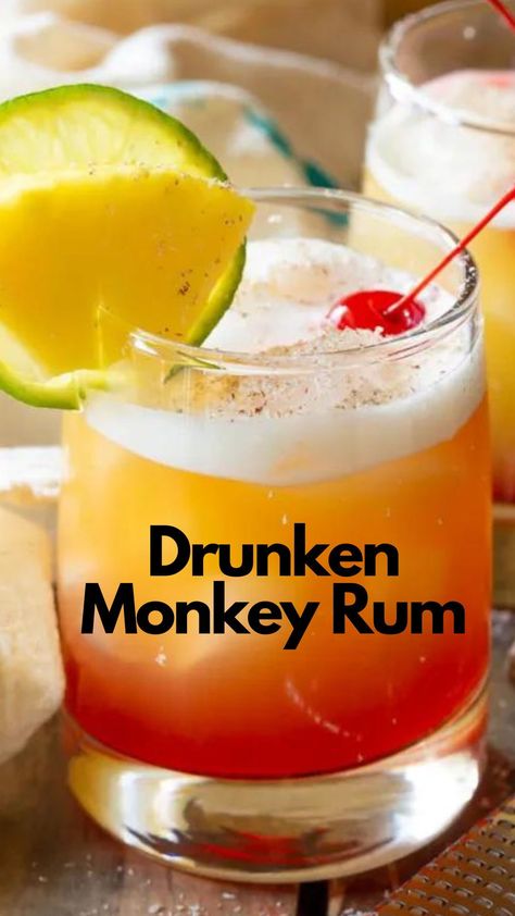 This vibrant tiki drink from the Caribbean has a fun name and lively flavors. The drunken monkey cocktail uses spiced rum and coconut rum to create a well-balanced flavor. #DrunkenMonkeyRum Bumbu Rum Cocktails, Bumbu Rum, Coconut Rum Recipes, Monkey Cocktail, Pineapple Rum Drinks, Spiced Rum Recipes, Rum Drinks Easy, Spiced Rum Drinks, Dark Rum Cocktails