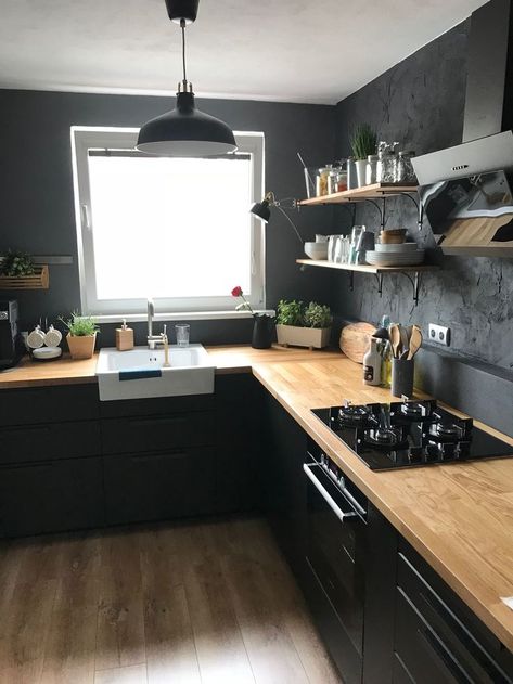 Wood Worktop, Tall Kitchen, Best Kitchen Cabinets, Kabinet Dapur, Scandinavian Kitchen, Black Cabinets, Counter Tops, Kitchen Cabinet Design, Black Kitchens