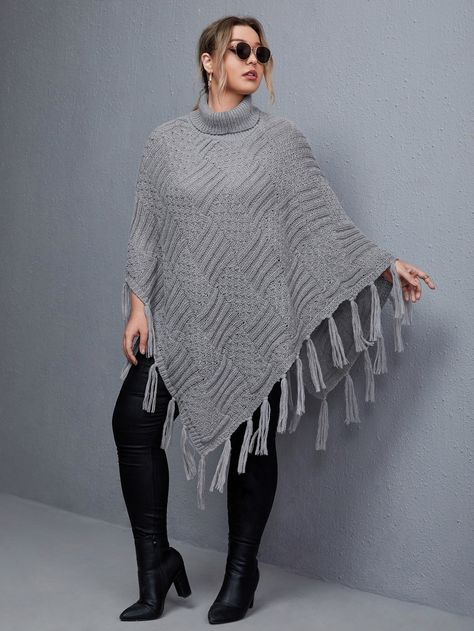 Grey Casual   Polyester Plain Poncho  Slight Stretch Fall/Winter Plus Size Knitwear Plus Size Knitwear, Winter Plus Size, Knit Poncho, Plus Size Sweaters, Knitted Poncho, Tassels, Knitwear, Fall Winter, Turtle Neck