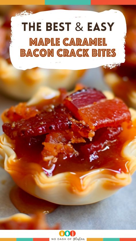 Discover the ultimate party appetizer: Maple Caramel Bacon Crack Bites! These bite-sized delights combine crispy phyllo cups, rich caramelized bacon, and a hint of sweet maple syrup for a flavor explosion. Quick to prepare and irresistibly delicious, they're perfect for gatherings, celebrations, or just a fun family treat. Dive into the recipe and see why everyone's raving about these savory-sweet bites. Don't forget to save and share this recipe for your next event! Caramel Bacon, Bacon Cups, Maple Caramel, Caramelized Bacon, Phyllo Cups, Gluten Free Pastry, Creative Snacks, Flavored Bacon, Maple Bacon