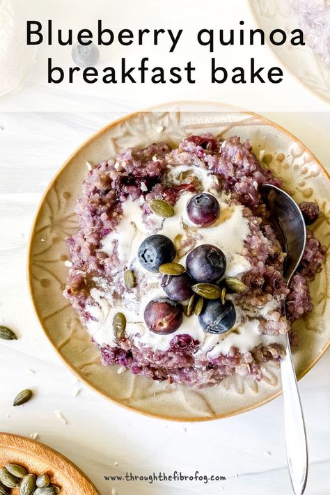 Blueberry quinoa breakfast bake - a fun and healthy breakfast or lunch recipe, combining quinoa, blueberries, coconut milk, maple syrup and optional toppings. This berry breakfast bowl is gluten free, vegan and a low histamine recipe. Quinoa Breakfast Bake, Blueberry Quinoa, Low Histamine Foods, Quinoa Breakfast Bowl, Fibro Fog, Low Histamine Diet, Low Histamine, Berry Breakfast, Quinoa Breakfast