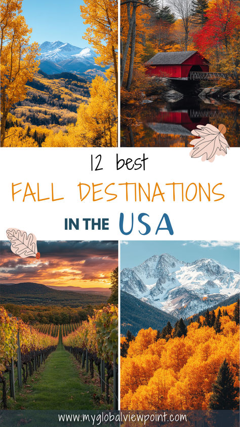 A collage showcasing vibrant fall destinations in the USA, featuring golden aspen trees, a red covered bridge, scenic vineyards, and snow-capped mountains surrounded by autumn colors. Fall Travel Destinations Usa, Fall Destinations, Fall Foliage Road Trips, Autumn Travel, Vacations In The Us, Fall Vacations, Fall Getaways, New England Fall, Horseshoe Art