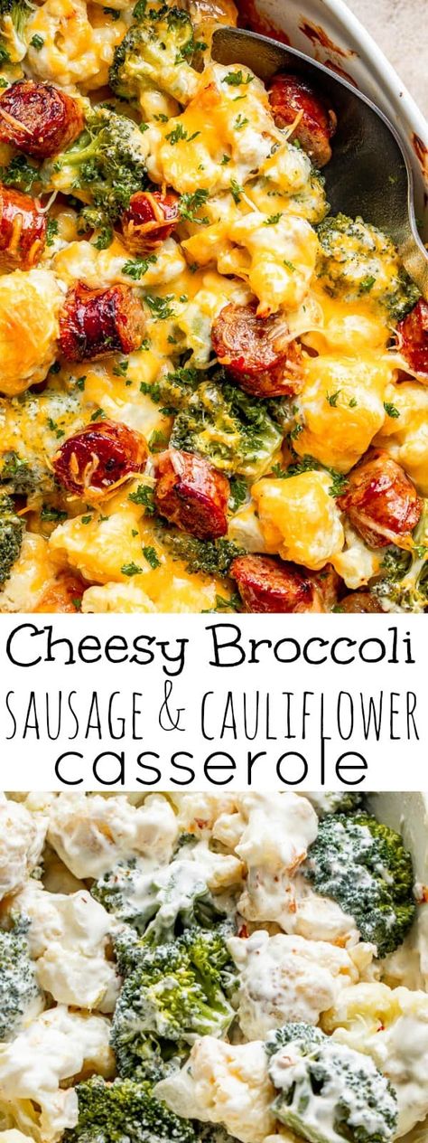 Enjoy a creamy, low-carb meal with our cheesy broccoli cauliflower casserole, packed with smoked sausage and veggies. Ready in just 30 minutes! Sausage And Broccoli Casserole, Broccoli Smoked Sausage Casserole, Cauliflower And Meat Recipes, Broccoli And Cauliflower Crockpot Recipes, Broccoli Cauliflower Potato Casserole, Broccoli Artichoke Casserole, Smoked Sausage Low Carb Recipes, Cauliflower And Sausage Recipes, Sausage And Cauliflower Recipes