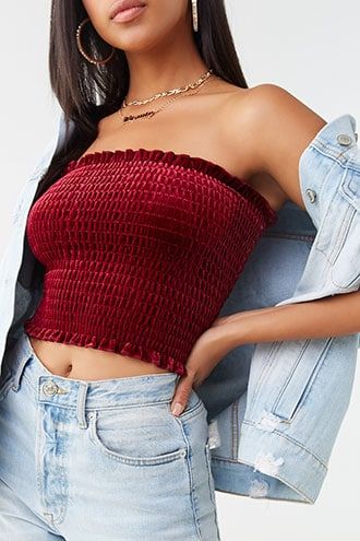 Forever 21 Velvet Smocked Tube Top , Berry 7.50 USD Womens Joggers Outfit, Top Outfit Ideas, Shoulder Tops Outfit, Tube Top Outfits, Velvet Knit, Smocked Tube Top, Wardrobe Wishlist, Outfit Ideas For Women, Top Outfit