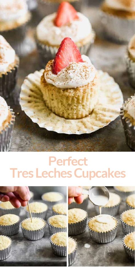 These perfect Tres Leches Cupcakes are lightly soaked in a three milk mixture and topped with whipped cream and a sprinkle of cinnamon. One of our favorite Mexican dessert recipes! Tres Leches Cake Recipe Authentic, Tres Leches Cupcakes, Latin Desserts, Mini Cake Recipe, Tastes Better From Scratch, Mexican Dessert Recipes, Mexican Dessert, Favorite Dessert Recipes, Tres Leches