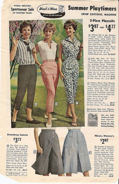 These pedal pushers from the 50's express women having more freedom to wear comfortable clothing again. Lana Lobell, Peddle Pushers, Vintage Culottes, Summer Sportswear, 1950 Fashion, Vintage Fashion 1950s, Life Styles, Pedal Pushers, 20th Century Fashion