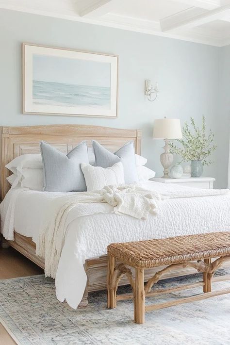 Coastal Bed Rooms, Light Blue Coastal Bedroom, Coastal Bedroom Headboard, Beach House Master Room, Beachy Beds, Coastal House Bedroom, Coastal Modern Master Bed, Cottage Beach Bedroom, Minimal Coastal Bedroom