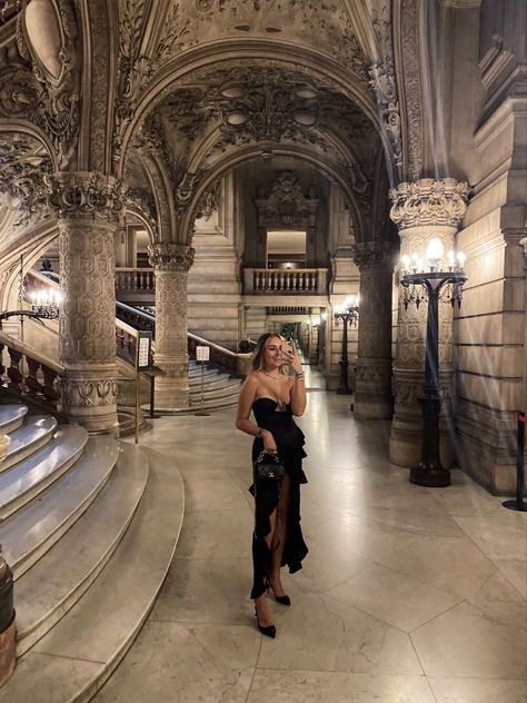 Opera Garnier, paris, paris opera house, black dress, paris fashion, night out Midnight In Paris Dress, Outfits For Opera Night, Paris Opera Outfit, Opera Garnier Paris Outfit, Night In Paris Outfit Dresses, Night Out In Paris Outfit, Opera Night Outfit, Opera House Outfit, Paris Night Outfit