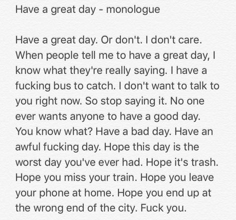 monologue - female/male - comedy Comedy Monologues For Women, Improv Acting Prompts, Comedic Monologues From Movies, Easy Monologues, Angry Monologues, Movie Monologues Female, Acting Monologues To Practice, One Minute Monologues From Movies, Comedic Monologues For Women