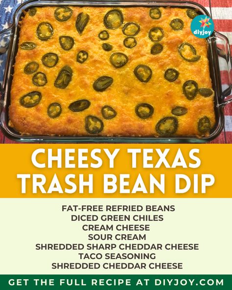 Make this crowd-pleasing cheesy Texas trash bean dip in just a few steps with this recipe. Get the ingredients and instructions here. Trash Dip Texas, Cream Cheese Refried Bean Dip, Trash Dip Recipe, Hot Refried Bean Dip, Texas Trash Warm Bean Dip, Layered Taco Dip Easy Refried Beans, Texas Trash Dip, Jalapeno Corn Dip, Mexican Bean Dip