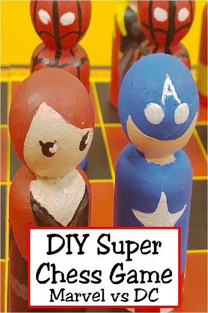 Create a fun and unique chess set for your game night just like this super chess game staring your favorite heroes! It's easy to DIY your own with a little time, imagination, and cute peg pieces. How To Make Chess Pieces, Home Made Chess Pieces, Chess For Dummies, Making Wooden Chess Board, Marvel Chess Set, Chess Set Unique, Chess Game, Marvel Vs Dc, Game Night