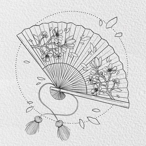 Chinese paper fan floral botanical tattoo design Nova Tattoo, Paper Hand Fans, Tattoo 2024, 12 Tattoos, American Traditional Tattoo Ideas, Tattoo Coloring Book, Traditional Tattoo Ideas, Sakura Blossoms, Ugg Classic Mini Ii