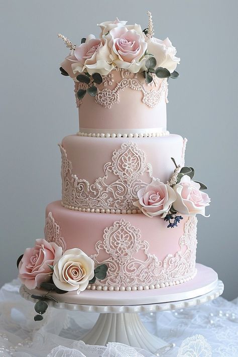 Pink Wedding Cakes, Pink Ruffle Cake, Square Wedding Cake, Quince Cakes, Pastel Pink Weddings, Blush Wedding Cakes, Dusty Pink Weddings, Birthday Cake Decorating Ideas, Pearl Cake