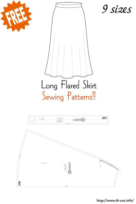 Skirt Patterns Sewing Free, Skirt Sewing Pattern Free, Flared Skirt Pattern, Free Skirt Pattern, A Line Skirt Pattern, Skirt Sewing Patterns, Unique Sewing Patterns, Long Flared Skirt, Skirt Pattern Free