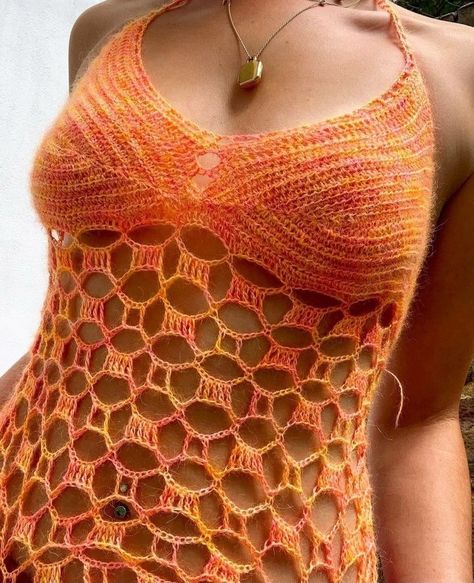 Top A Crochet, Crochet Cami, Orange Crochet, Mode Crochet, Mesh Tops, Crochet Design Pattern, Crochet Clothing And Accessories, Crochet Summer Tops, Crochet Halter