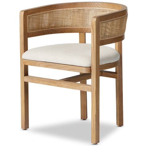 A barrel-back dining chair meets solid parawood with crosshatch cane paneling, for a shapely and textural take on everyday dining. Cane Paneling, Wabi Sabi Dining, Havenly Dining Room, Wooden Dining Chairs, Dining Armchair, Dining Chair Design, Rattan Chair, Armchair Design, Four Hands