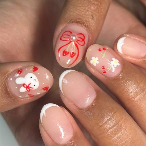 Cute Bunny Nail Designs, Nails With Bunnies, Short Nail Designs Japanese, Christmas Nails On Short Nails, Cute Nails Small, Miffy Nail Design, Shiba Inu Nails, Miffy Nails Short, Simply Nails Ideas