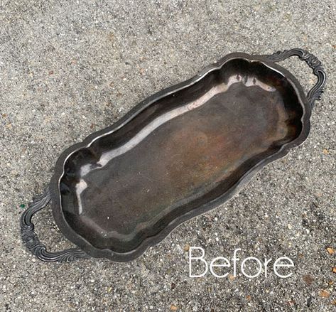 Small Silver Tray Makeover & The Haul of Shame Silver Tray Makeover, Silver Tray Repurpose, Metal Tray Makeover, Metal Tray Decor Ideas, Silver Trays Decor Ideas, Painted Trays Ideas, Metal Tray Decor, Silver Tray Decor, Tray Makeover