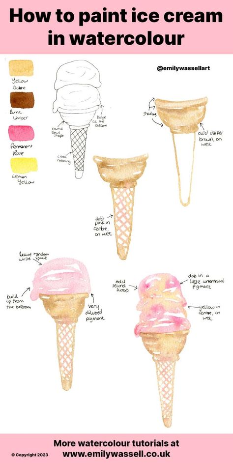 How to paint an ice cream cone in watercolour - Emily Wassell Watercolour Ice Cream, Watercolor Ice Cream Cone, Watercolor Negative Painting, Ice Cream Painting, Watercolor Ice Cream, Ice Cream Wallpaper, Negative Painting, Watercolor Pencil Art, Delicious Ice Cream