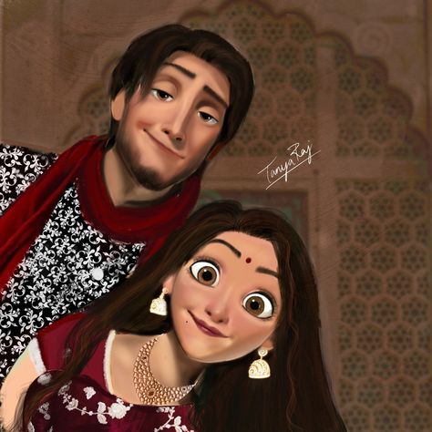 Digitial art #disney Disney Princess Desi Version, Desi Cartoon, Wallpaper For Couples, Indian Disney Princess, Cute Couple Illustration, Eugene Fitzherbert, Cute Drawings Of Love, Digital Portrait Illustration, Disney Illustration