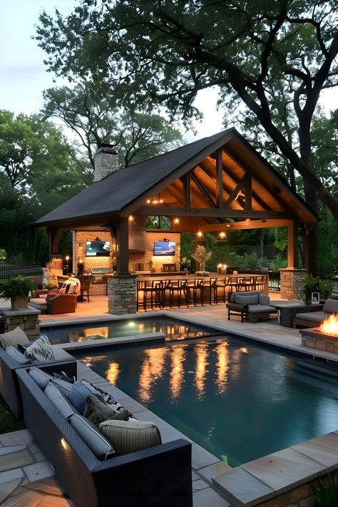 Outdoor Living With Pool, Landscaping Designs Layout, Backyard Landscaping Designs Layout, Living Pool, Dream Backyard Pool, Outdoor Living Space Design, Outdoor Patio Designs, House Backyard, Backyard Pavilion