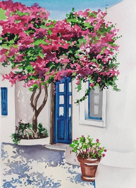 Greece Watercolour Painting, Greek Door Painting, Greece Painting Easy, Paintings Of Greece, Greece Landscape Painting, Greece Watercolor Painting, Greece Watercolor, Greece Drawing, Landscape With Flowers