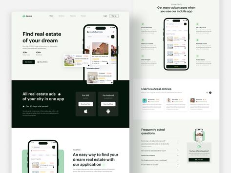 Real Estate Landing Page Design, Finance Landing Page, App Landing Page Design, Real Estate Landing Page, Mobile Landing Page, Real Estate Landing Pages, Real Estate App, Minimalist Web Design, Landing Page Inspiration