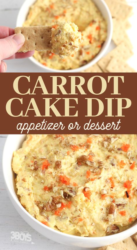 If you love the moist, rich, decadent flavor of carrot cake you will love this delicious Carrot Cake Dip.  With carrots, pecans, and cream cheese, it tastes exactly like carrot cake! #carrotcakedip #easterappetizer #3boysandadog Carrot Cake Dip Recipe, Carrot Cake Dip, Cake Dip Recipe, Perfect Carrot Cake, Dessert Dip Recipes, Cake Dip, Dipping Oil, Sweet Dips, Dip Recipes Easy