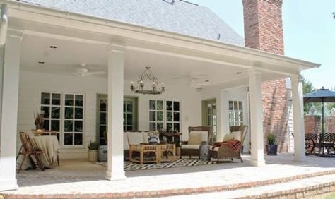 14 back porch with pillars with an outdoor living room - Shelterness Farmhouse Patio Doors, Cottage Patio, Porch Kits, Farmhouse Patio, Building A Porch, Porch Columns, Casa Exterior, House With Porch, Brick Patios