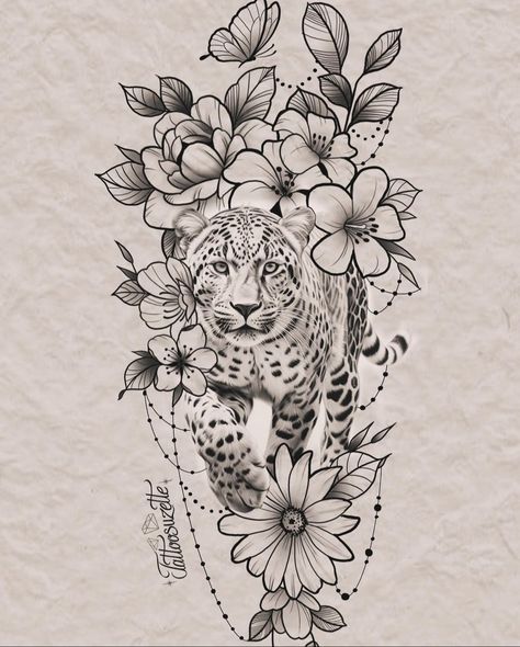 Cheetah Floral Tattoo, Animal And Flower Tattoos For Women, Leopard Sleeve Tattoo, Tattoo Suzette, Snow Leopard Tattoo, Animal Sleeve, Jaguar Tattoo, Lion Mandala, Flower Thigh Tattoos