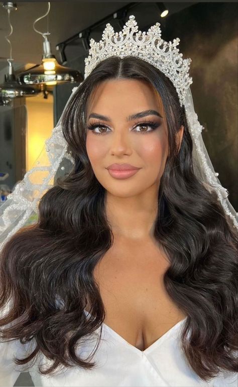 Veil With Tiara Hair Down, Middle Eastern Wedding Hairstyles, Tiara Wedding Veil, Bride With Crown And Veil, Bride Crown Hairstyle, Half Up Half Down Wedding Hair With Crown, Wedding Hairstyles For Bride With Tiara, Bride Hairstyle With Crown, Wedding Veil With Tiara