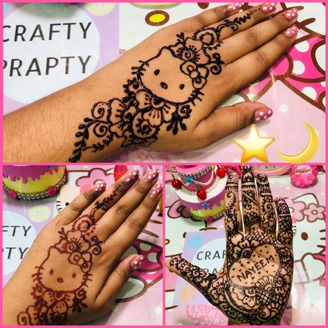 Henna Designs Cartoon, Hello Kitty Mehndi Design, Henna Design Drawing, Hello Kitty Henna Tattoo, Henna Looking Tattoos, Hannah Tattoo Design Hands, Henna Designs Hello Kitty, Hello Kitty Henna Design, Henna Hello Kitty