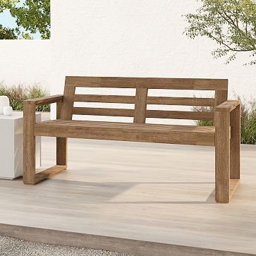 Portside Outdoor Porch Bench (60") | West Elm Teak Bench Outdoor, Outside Benches, Front Porch Bench, Modern Bench Outdoor, West Elm Furniture, Wood Bench Outdoor, Modern Outdoor Sofas, Porch Bench, Stylish Outdoor Furniture