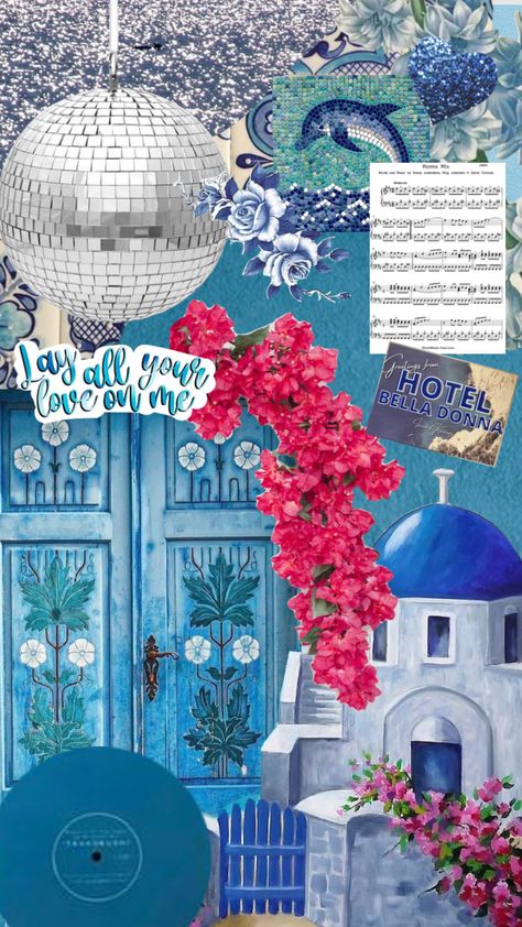 Mamma Mia Colour Palette, Mamma Mia Themed Bedroom, Greece Scrapbook, Ocean Branding, Abba Aesthetic, Abba Music, Greece Girl, Disco Background, Ombre Wallpaper Iphone