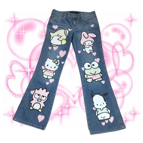 Sanrio Clothes Png, Sanrio Jeans, Kawaii Jeans, Hello Kitty Jeans, Hello Melody, Senior Painted Jeans, Denim Painting, Sanrio Core, Kawaii Pants