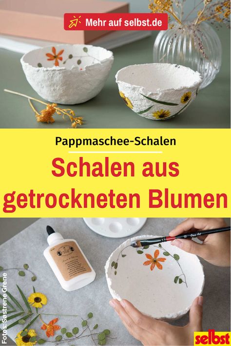 Wusstest du schon, das du aus getrockneten Blumen und Pappmaschee wundervolle Schalen herstellen kannst? Je nach Blumen ist dies eine wunderschöne Deko für Frühling, Sommer, Herbst und/oder Winter! #pappmaschee #blumen #getrockneteblumen #schale #deko #diy #selbst Gifts, Diy For Kids, Hat Man, Best Acrylic Nails, Paper Mache, Diy And Crafts, Hand Painted, For Sale