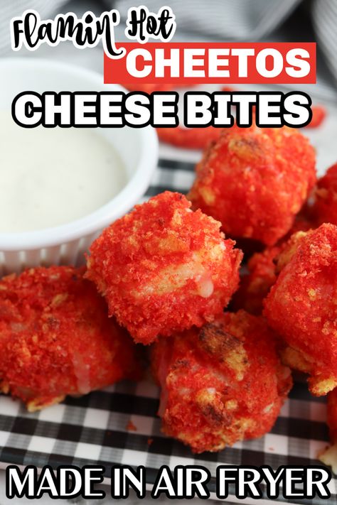 Serve up these spicy and crunchy air fryer hot Cheetos cheese bites. A Flamin' Hot Cheetos dusted cheese bite. An air fryer appetizer idea or snack. These pack some spice but will tickle those taste buds. Give this recipe a try for your gaming snacking, holiday entertaining or a treat to wake you up at that 2pm slump. Flamin Hot Recipes, Hot Cheetos Recipes Ideas, Hot Cheetos Pizza, Cheetos Recipes, Spicy Cheetos, Cheetos Recipe, Cheetos Mac And Cheese, Cheese Curds Recipe, Fried Cheese Bites