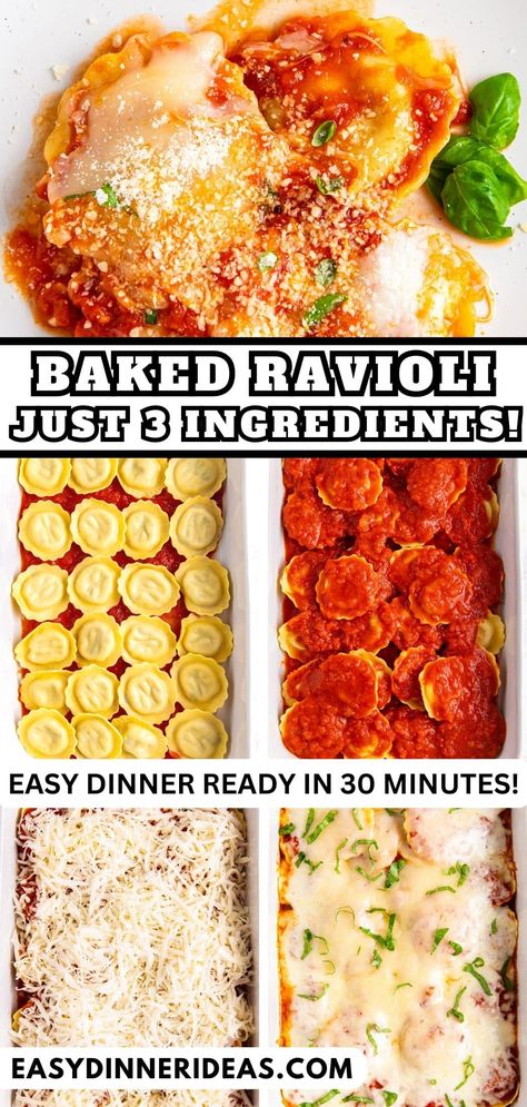 3 ingredients and 30 minutes are all you need to make Baked Ravioli! This quick and easy ravioli recipe is a breeze to make for dinner and your family will love it. You only need one casserole dish to bake tender ravioli covered with marinara and melted mozzarella cheese. 3 Ingredient Ravioli Bake, Pepperoni Ravioli Bake, Recipes Using Refrigerated Ravioli, Easy Cheese Ravioli Bake, Make Ahead Ravioli Bake, Tortellini And Ravioli Recipes, Meatless Ravioli Recipe, Recipe Using Ravioli, Easy Dinner Recipes Ravioli