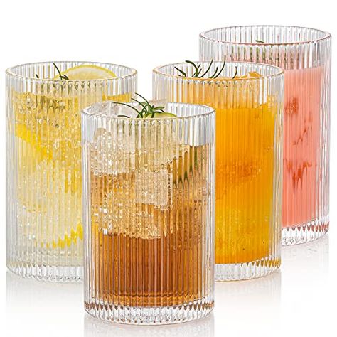 POLIDREAM Vintage Ribbed Glassware Set: 4pcs 16.9oz XL Drinking Glasses, Fluted Ripple Drinkware, Origami Style, Elegant Glassware for Whiskey, Cocktail, Iced Coffee, Juice, Beer, Soda Margaritas, Ribbed Glassware, Whiskey Cocktail, Light Filters, Drinkware Sets, Stylish Glasses, Bar Glassware, Vintage Glasses, Glassware Set