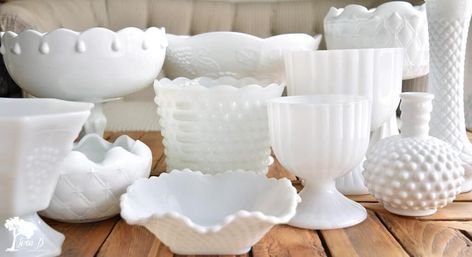 Decorating With Milk Glass Ideas, Decorating With Milk Glass, Vintage Decorating Ideas, Vintage Decorating, Finding Treasure, Party Barn, Milk Glass Vase, Inexpensive Home Decor, Seasonal Displays