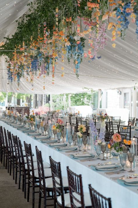 A colorful wedding reception in St. Louis with floating florals and butterflies planned by Calluna Events English Garden Party, Wildflower Wedding Theme, Romantic Wedding Receptions, English Garden Wedding, Garden Theme Wedding, Butterfly Wedding, Wedding Venue Decorations, Garden Party Wedding, Wildflower Wedding