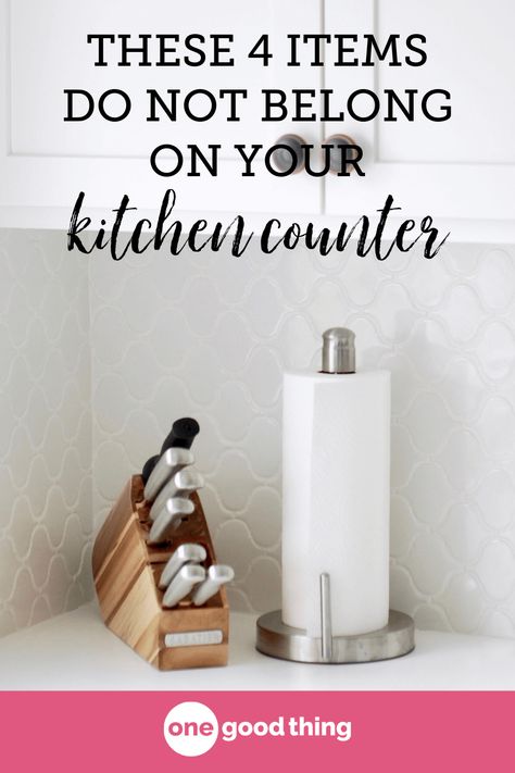 Time to declutter your kitchen counter? Start here to decide what to store on your kitchen countertop, and what to store elsewhere. Kitchen Counter Ideas Organizing, Decorating Small Kitchen Countertops, Kitchen Counter Food Storage, How To Set Up Kitchen Counters, Clean Counters Kitchens, How To Declutter Kitchen Countertops, Kitchen Counter Soap Display, Kitchen Counter Art, Hiding Cords On Kitchen Counter