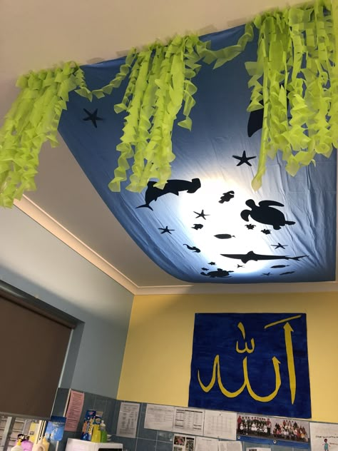 Paper Octopus Decoration, Under The Sea Preschool Theme Classroom, Underwater Birthday Party Decorations, Breaker Rock Beach Stage Decorations, Ocean Theme Preschool Decorations, Under The Sea Ceiling Decorations, Dive Into Learning Theme, Water Themed Classroom, Underwater Decorations Ocean Themes