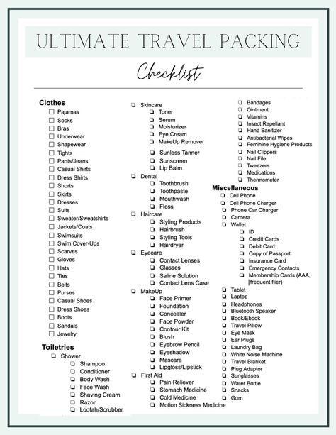 travel packing checklist printable Travel Checklist Printable, Trip Essentials Packing Lists, Freetime Activities, Packing Essentials List, Travel Packing Checklist, Road Trip Packing List, Travel Bag Essentials, Road Trip Packing, Travel Essentials List